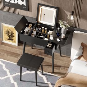 27.9" Black Makeup Vanity Desk with Flip Top Mirror and LED Light, Dressing Table with Charging Station, 2 Drawers and Fold-up Panel