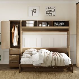 Full Size Murphy Bed with Wardrobe, Drawers and Open Shelves, Antique Wood